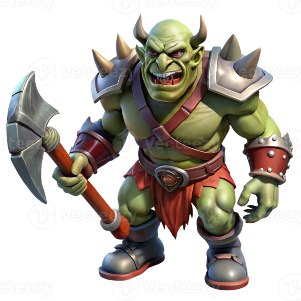 vibrant abstract serene traditional A fierce orc chieftain with war paint and tusks protruding from his lower jaw, wielding a massive, bloodstained axe.... png