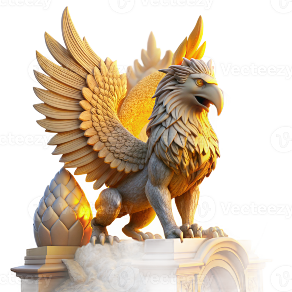 magnificent vintage dramatic traditional A majestic griffin with iridescent feathers, perched atop a crumbling ziggurat bathed in the golden light of a setting sun.... png