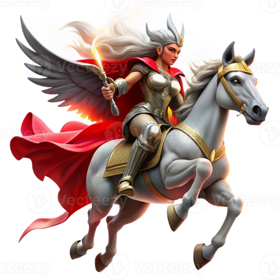 dramatic classic extraordinary traditional A fierce Valkyrie riding a winged horse through a storm-ridden sky, lightning illuminating her gleaming armor and flowing red cape.... png