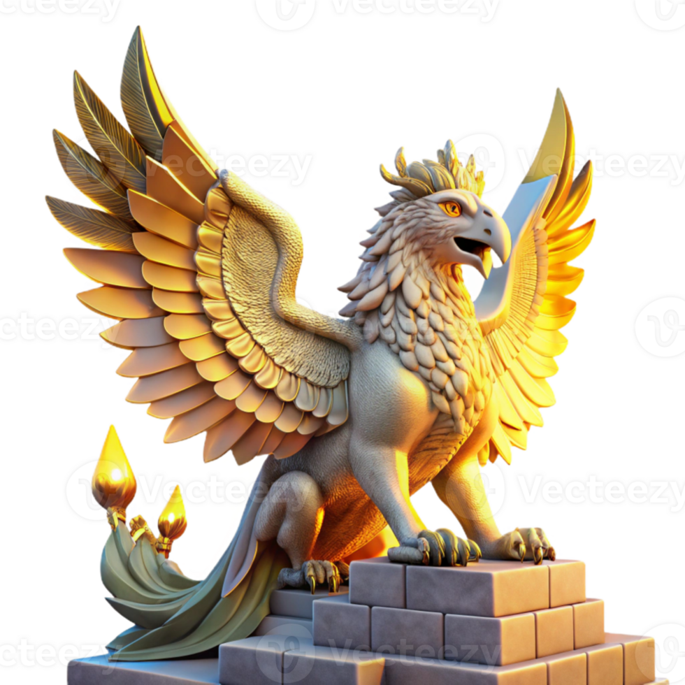 serene artistic stunning creative A majestic griffin with iridescent feathers, perched atop a crumbling ziggurat bathed in the golden light of a setting sun.... png