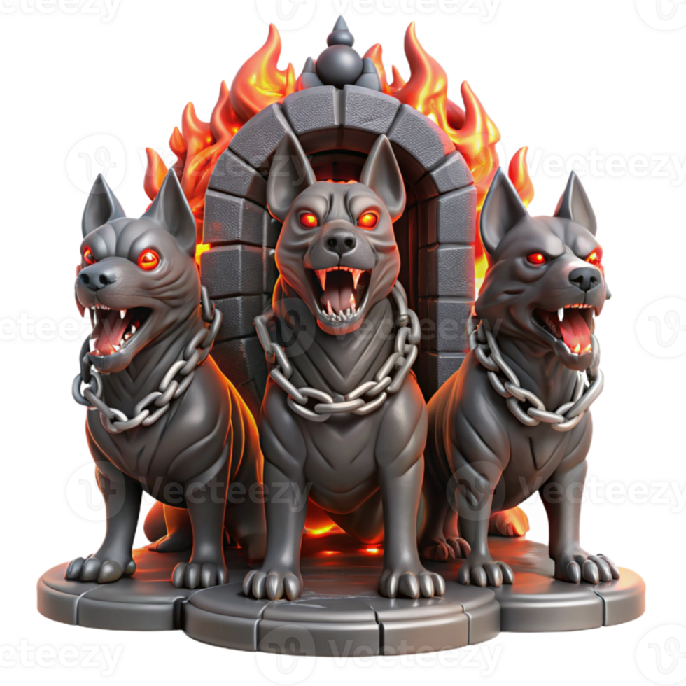 stunning classic elegant artistic Cerberus, the three-headed dog guarding the gates of Hades, depicted with fiery breath and glowing red eyes, chains of blackened iron binding him to the gate.... png
