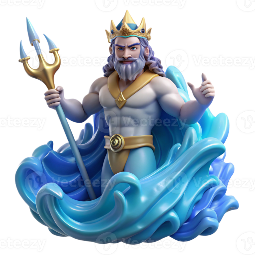 dramatic abstract magnificent creative Poseidon, God of the Sea, rising from a tumultuous ocean wave, his trident crackling with electric blue energy, a crown of coral adorning his head.... png