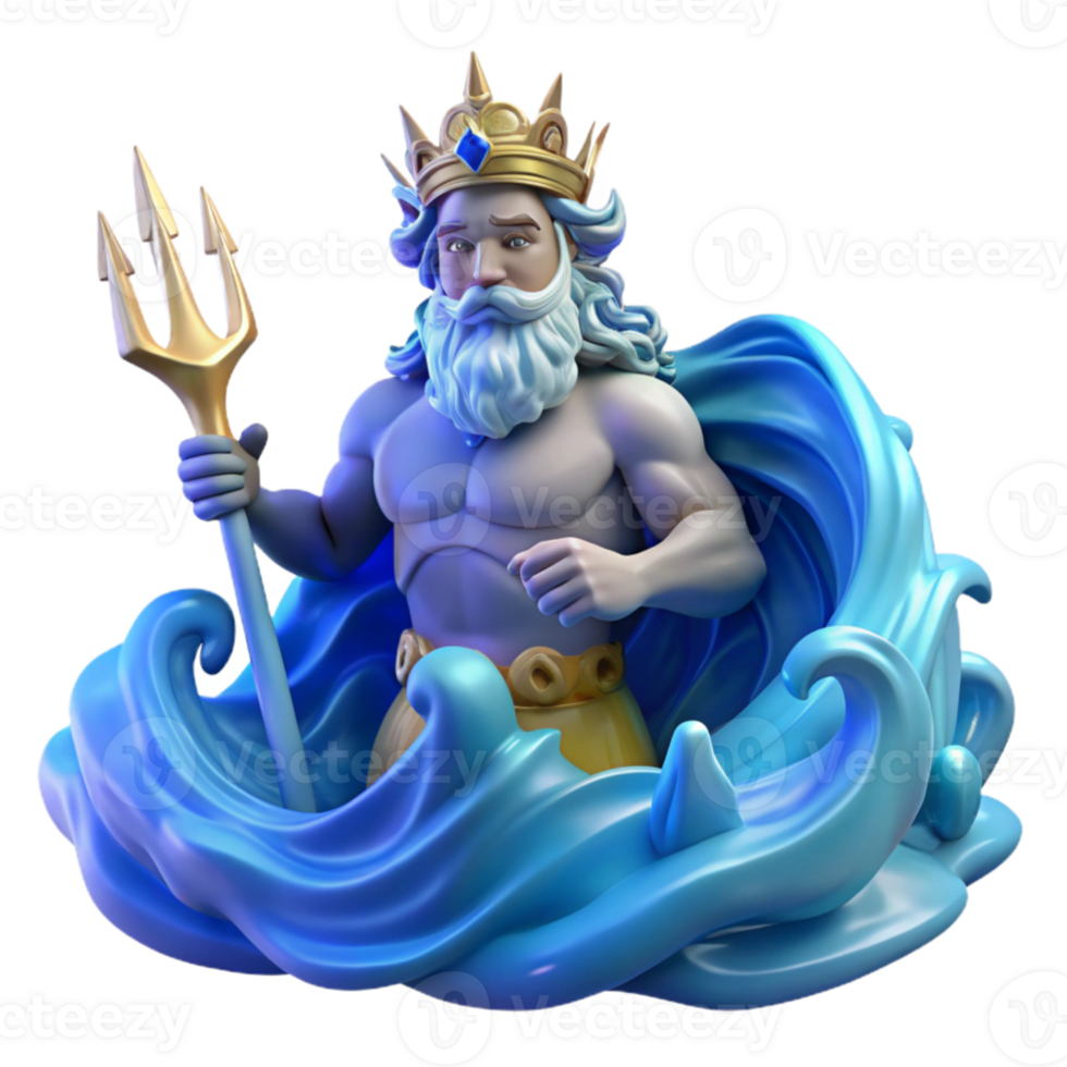 elegant abstract serene creative Poseidon, God of the Sea, rising from a tumultuous ocean wave, his trident crackling with electric blue energy, a crown of coral adorning his head.... png