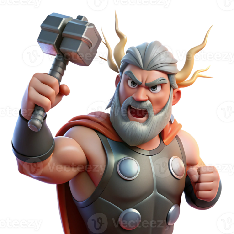 dramatic abstract stunning artistic Thor, the Norse god of thunder, wielding Mjolnir, his hammer crackling with lightning, muscles rippling, a furious expression on his face.... png
