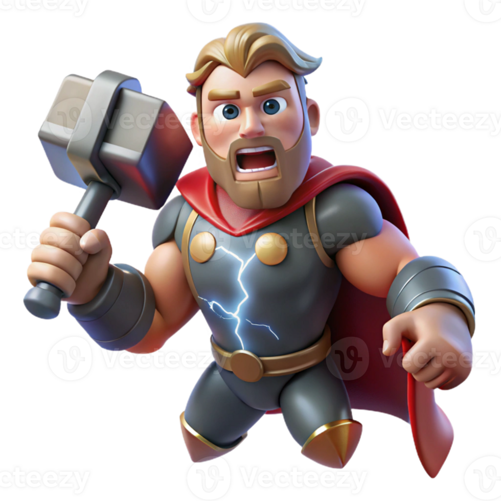 dramatic artistic beautiful creative Thor, the Norse god of thunder, wielding Mjolnir, his hammer crackling with lightning, muscles rippling, a furious expression on his face.... png