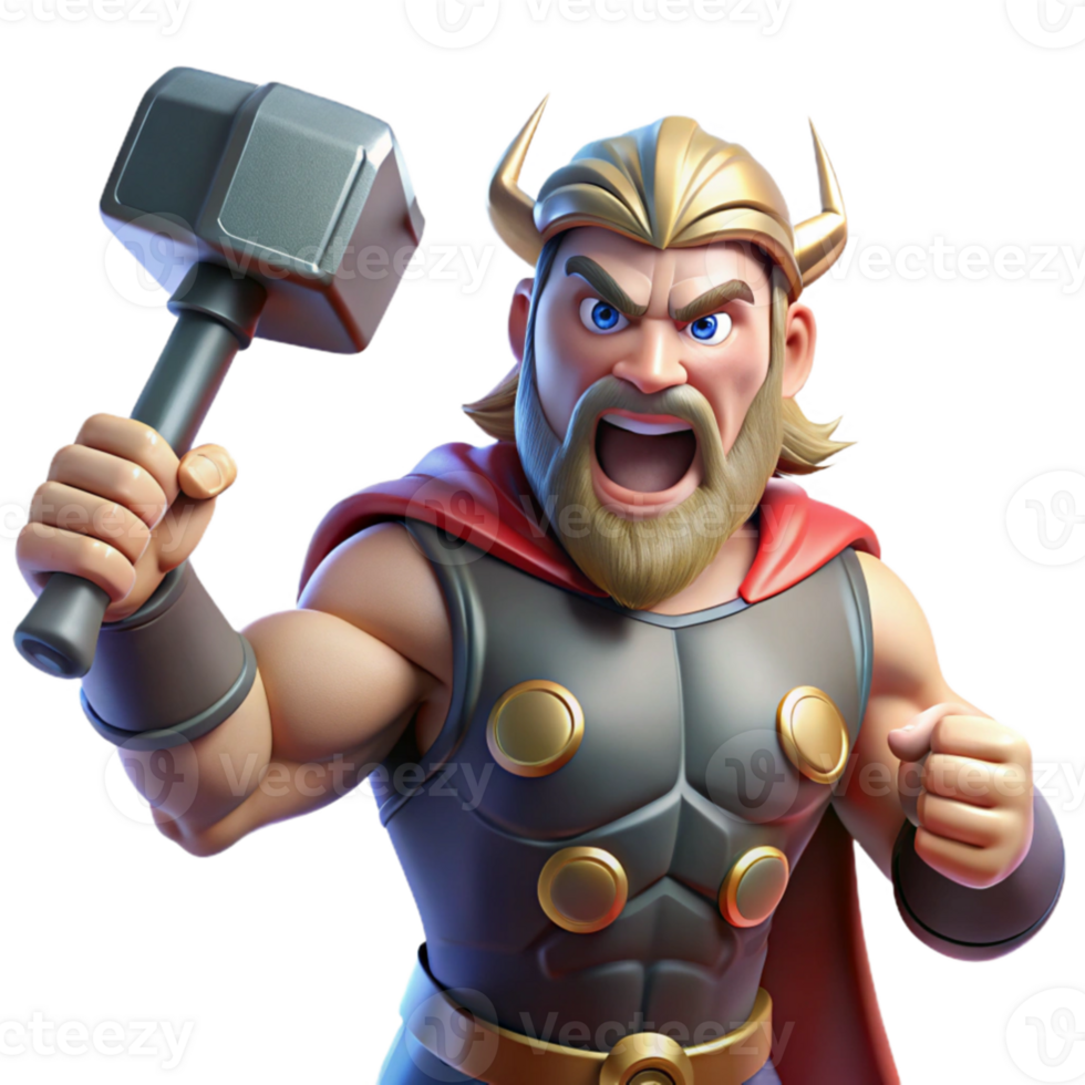 vibrant modern magnificent rustic Thor, the Norse god of thunder, wielding Mjolnir, his hammer crackling with lightning, muscles rippling, a furious expression on his face.... png