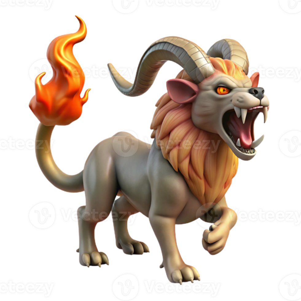serene classic impressive classic A grotesque chimera, a hybrid creature with the head of a lion, the body of a goat, and the tail of a serpent, breathing fire against a dark, stormy sky.... png