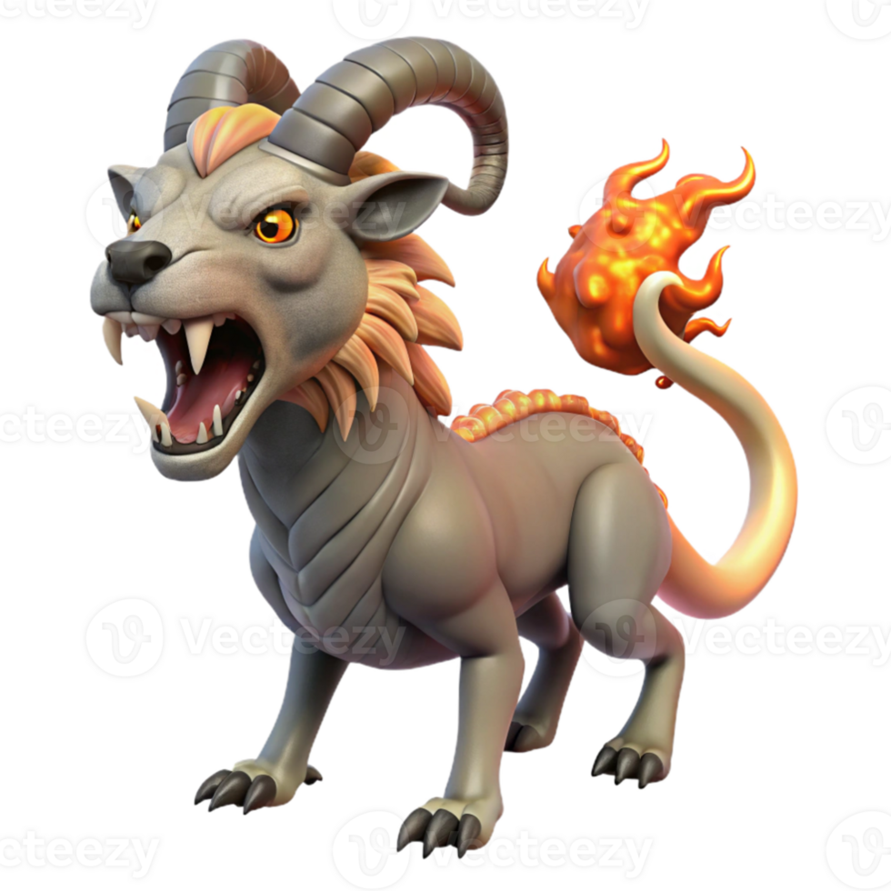 magnificent vintage elegant artistic A grotesque chimera, a hybrid creature with the head of a lion, the body of a goat, and the tail of a serpent, breathing fire against a dark, stormy sky.... png