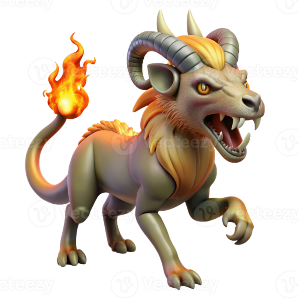 vibrant rustic impressive contemporary A grotesque chimera, a hybrid creature with the head of a lion, the body of a goat, and the tail of a serpent, breathing fire against a dark, stormy sky.... png
