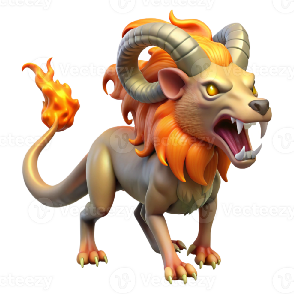 stunning traditional impressive contemporary A grotesque chimera, a hybrid creature with the head of a lion, the body of a goat, and the tail of a serpent, breathing fire against a dark, stormy... png