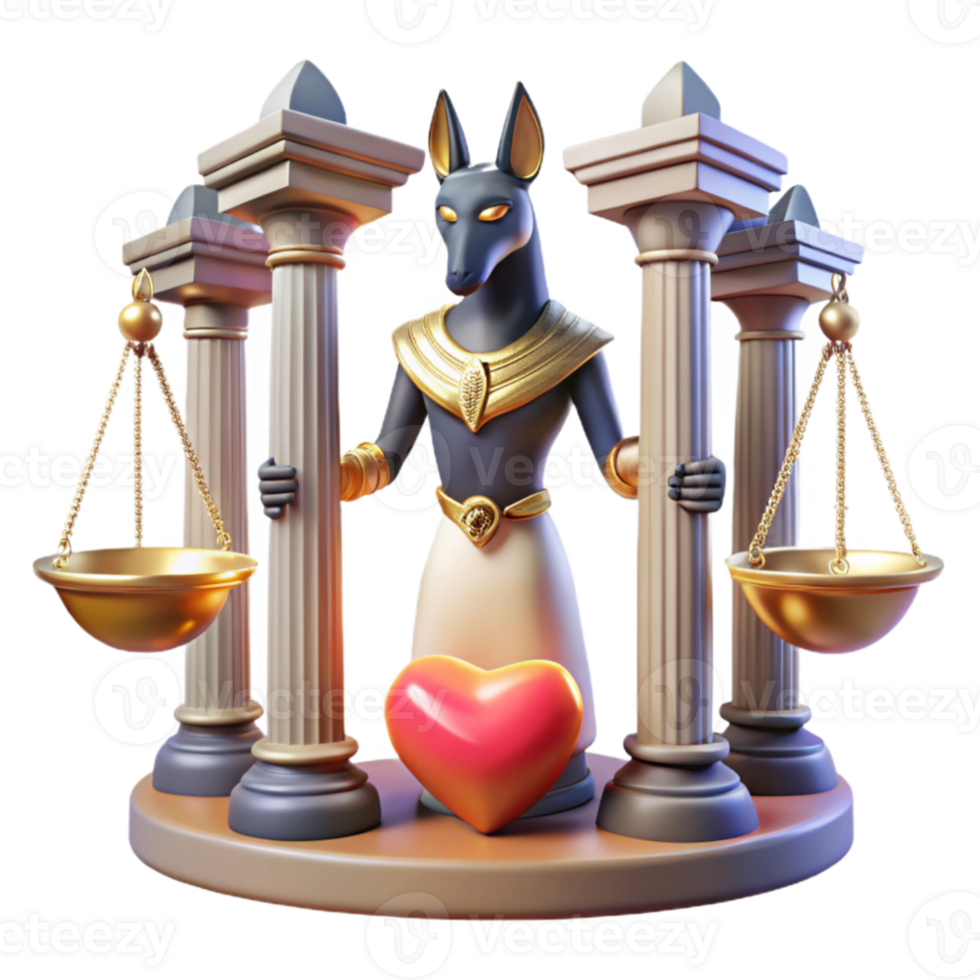 magnificent contemporary beautiful modern Anubis weighing a heart against a feather in the Hall of Judgment, the scales glowing with an otherworldly light, hieroglyphs covering the walls.... png