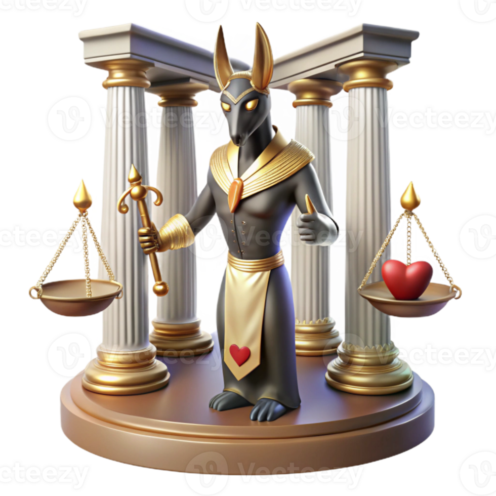 beautiful rustic impressive vintage Anubis weighing a heart against a feather in the Hall of Judgment, the scales glowing with an otherworldly light, hieroglyphs covering the walls.... png