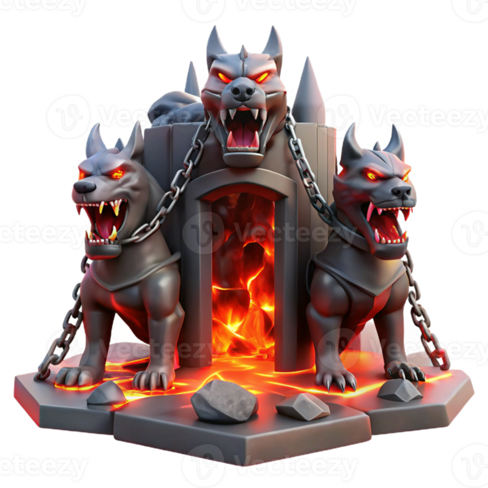 extraordinary vintage beautiful vintage A three-headed Cerberus guarding the gates of the underworld, lava flowing and illuminating the scene with an ominous red glow, chains made of stylized... png