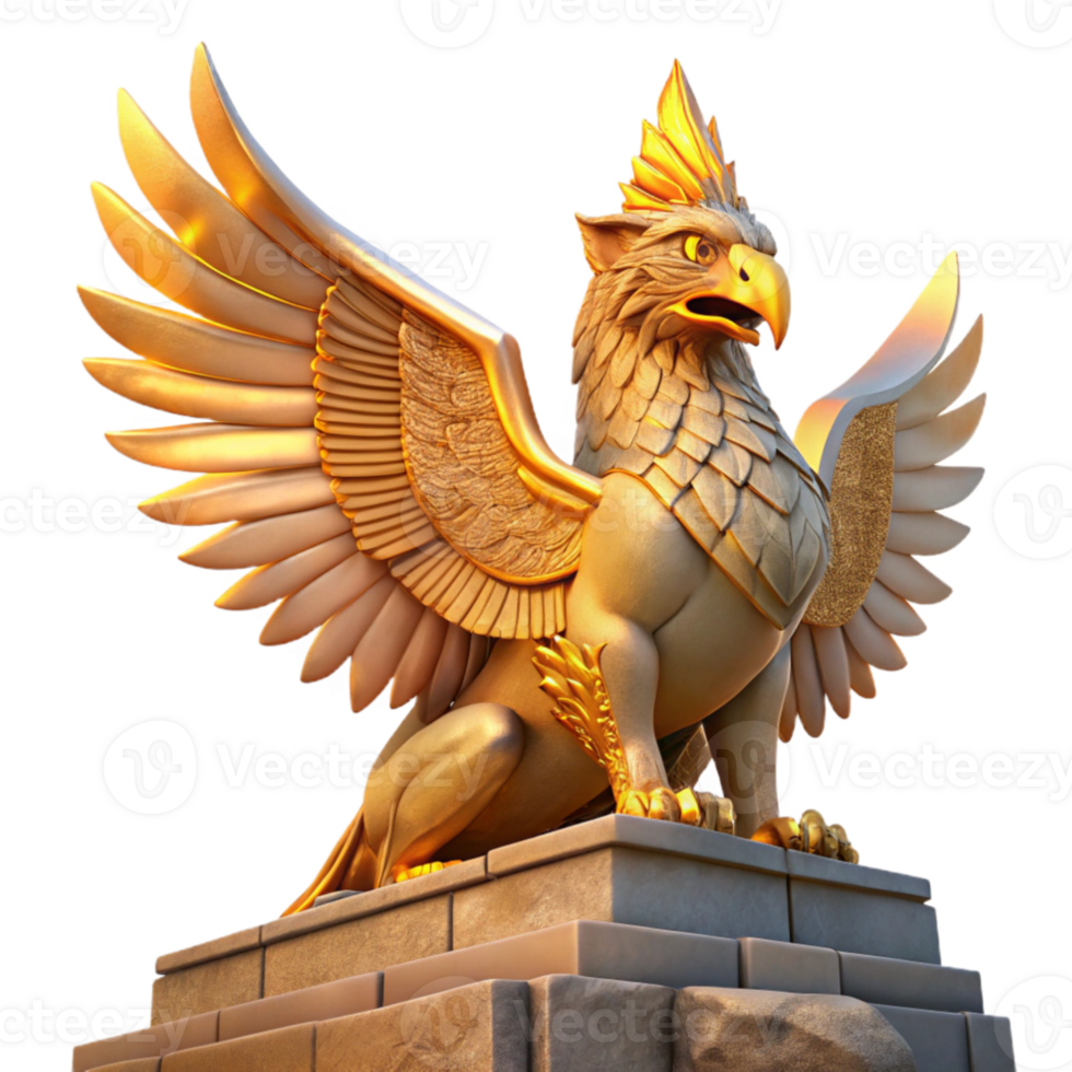 impressive creative stunning artistic A majestic griffin perched atop a crumbling ziggurat, bathed in the golden light of a setting sun, feathers shimmering with iridescent hues, intricate... png