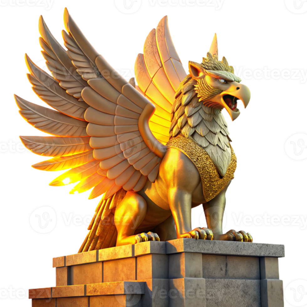 vibrant artistic extraordinary contemporary A majestic griffin perched atop a crumbling ziggurat, bathed in the golden light of a setting sun, feathers shimmering with iridescent hues, intricate... png