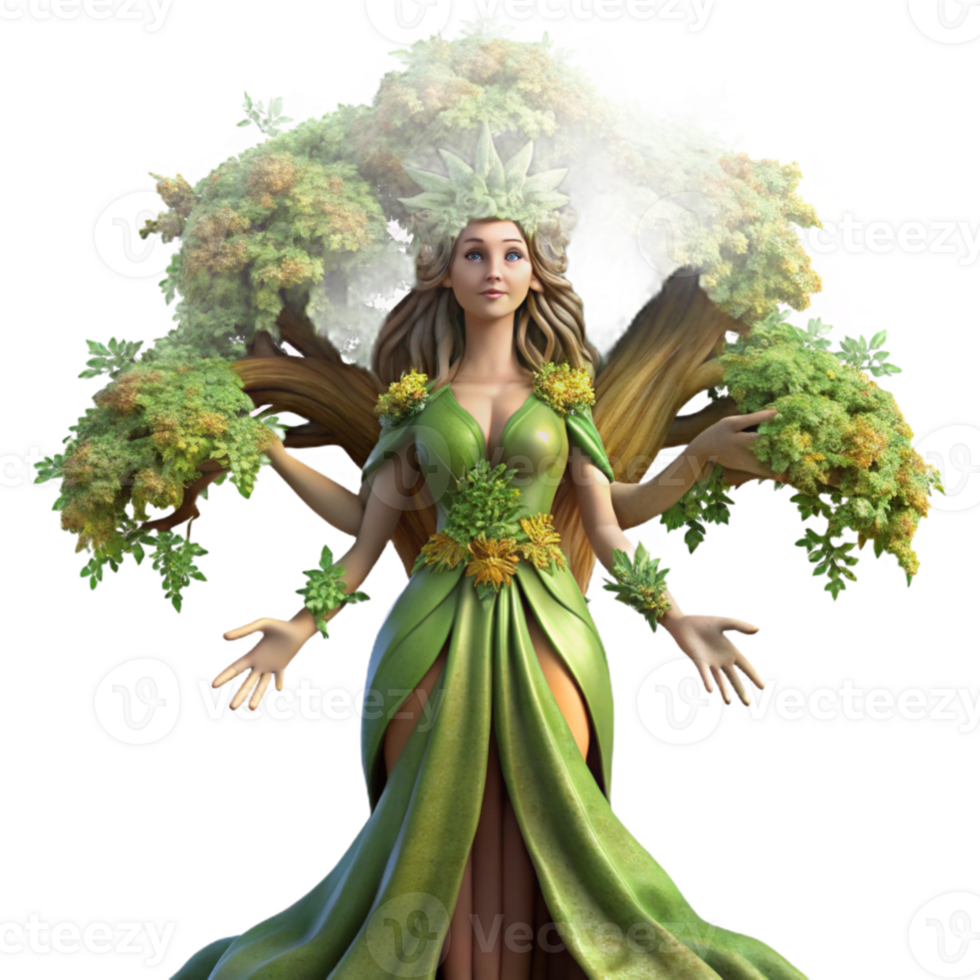 extraordinary contemporary serene modern An ethereal dryad emerging from a giant oak tree, dappled sunlight filtering through the leaves, covered in moss and vines, Pre Raphaelite style exclusive... png