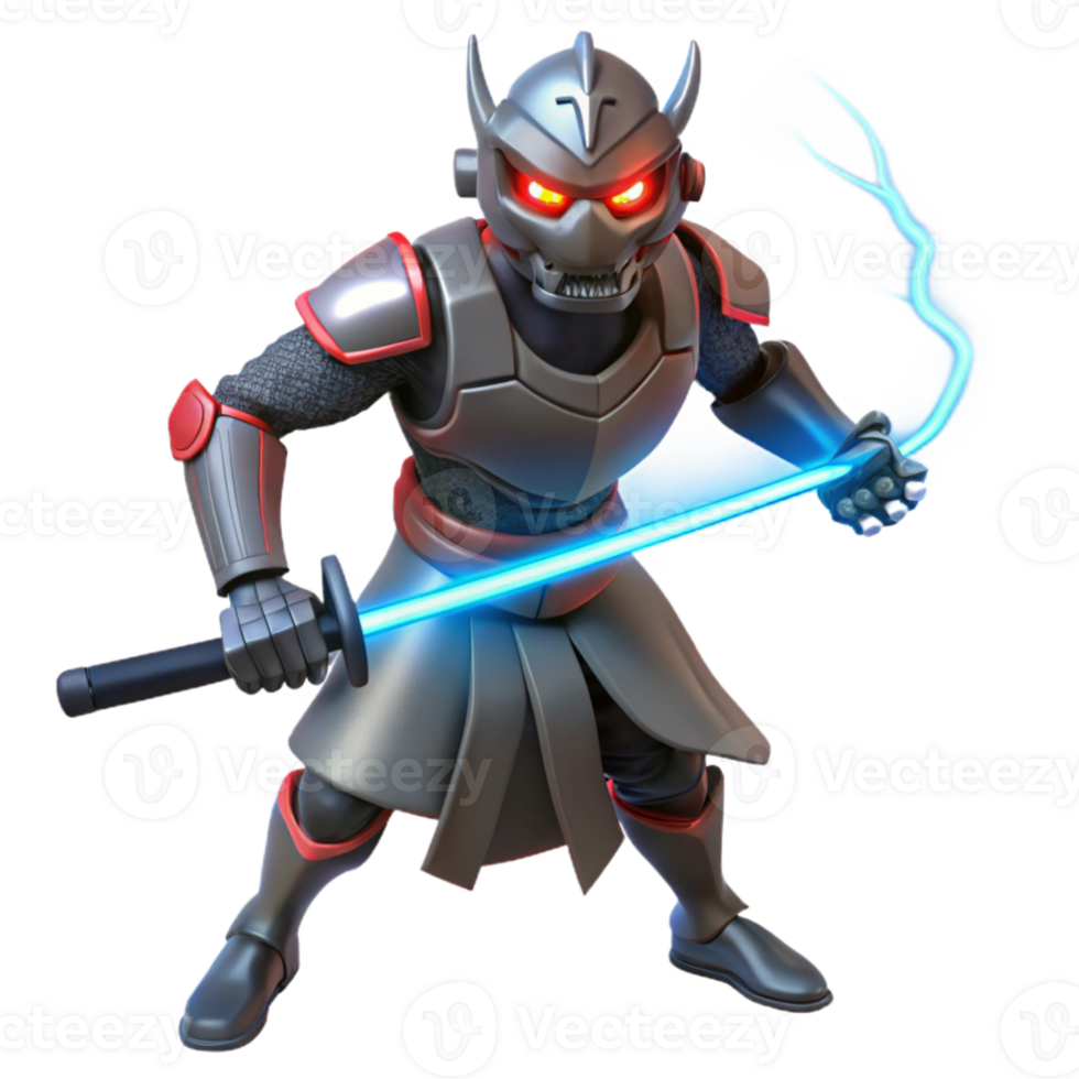 serene abstract magnificent contemporary A cyborg samurai with glowing crimson eyes, wielding a katana that emits trails of electric blue energy.... png