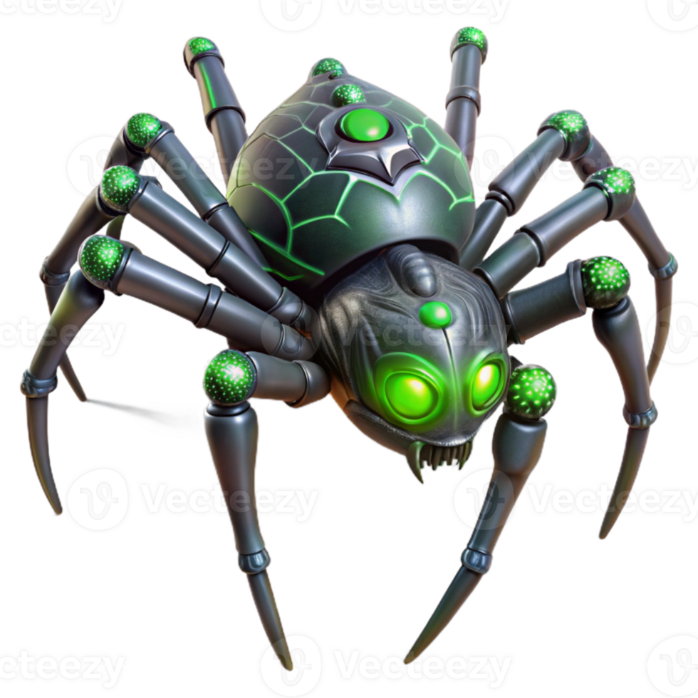 dramatic vintage elegant artistic A giant, biomechanical spider weaving a web of shimmering, metallic threads in the ruins of a futuristic city. The spider's eyes glow with an eerie green light.... png