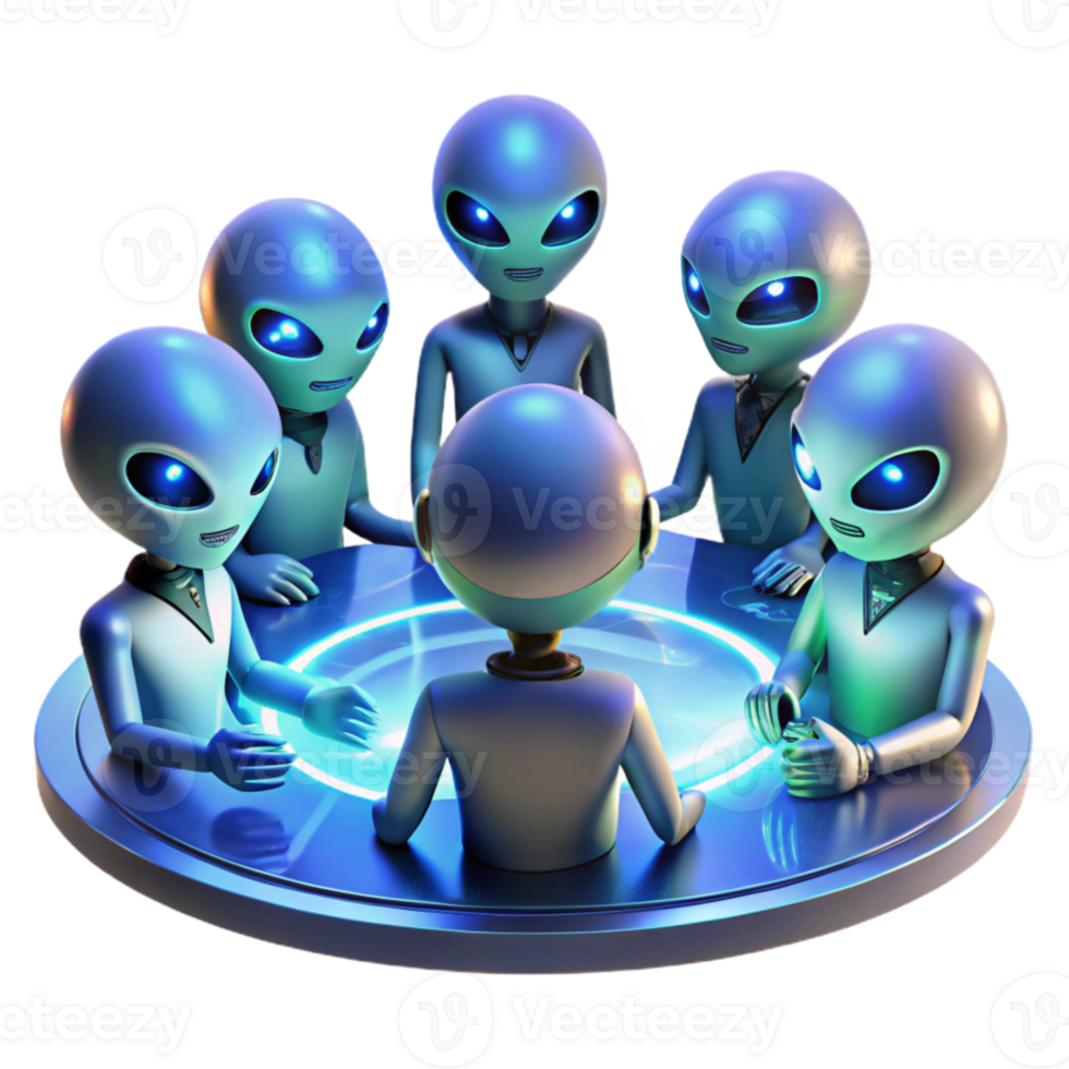 extraordinary creative extraordinary vintage A group of alien diplomats with iridescent scales and multiple eyes, gathered around a holographic table displaying a galactic map.... png