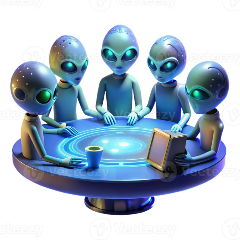 magnificent modern serene creative A group of alien diplomats with iridescent scales and multiple eyes, gathered around a holographic table displaying a galactic map.... png