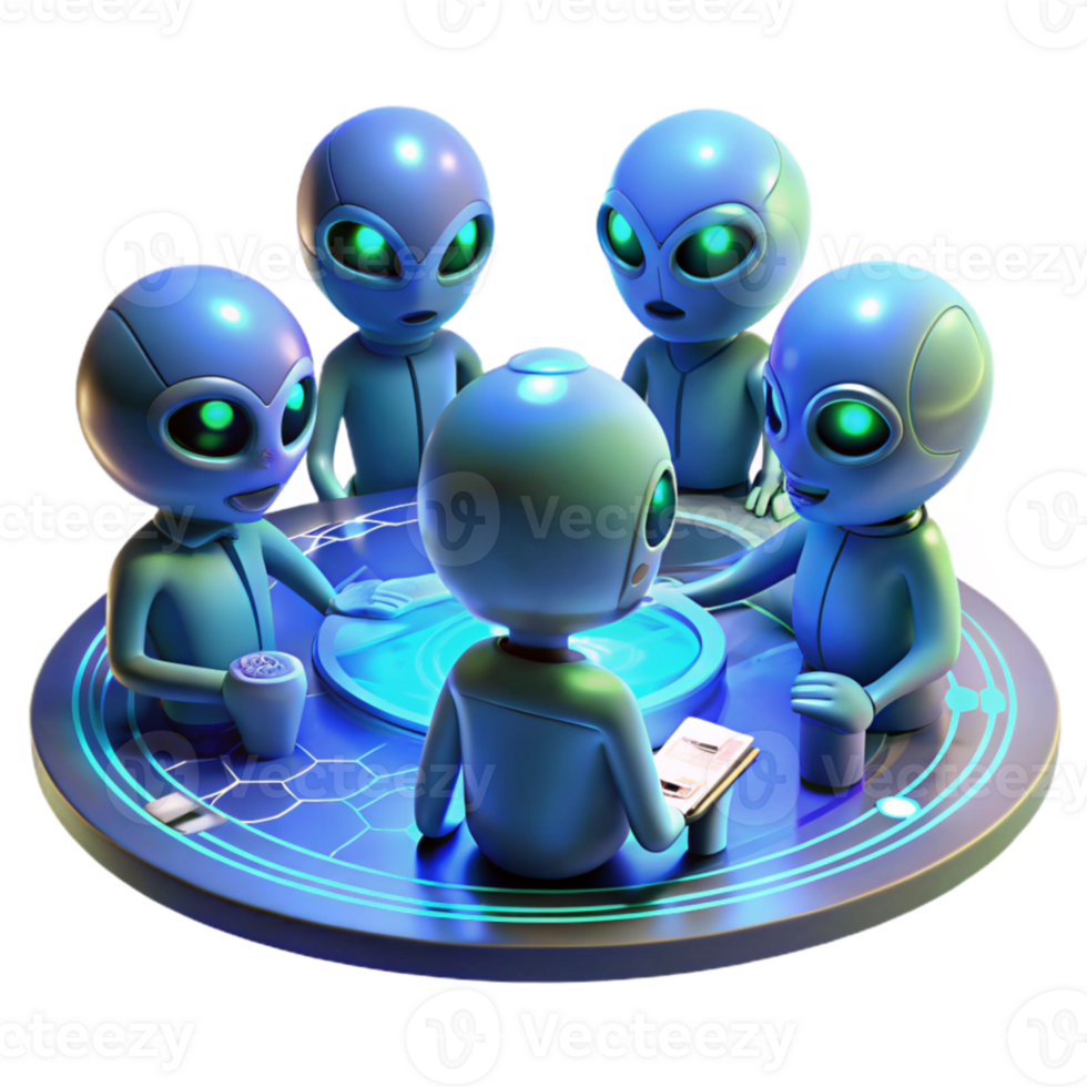 serene contemporary impressive artistic A group of alien diplomats with iridescent scales and multiple eyes, gathered around a holographic table displaying a galactic map.... png