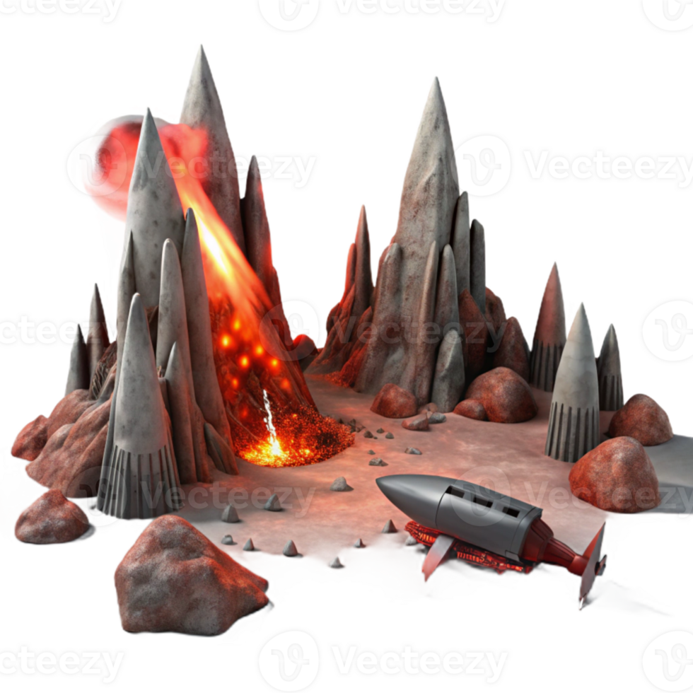 vibrant rustic extraordinary abstract A desolate, alien landscape with jagged rock formations and a blood red sky. A crashed spaceship lies in the foreground, emitting smoke and sparks.... png