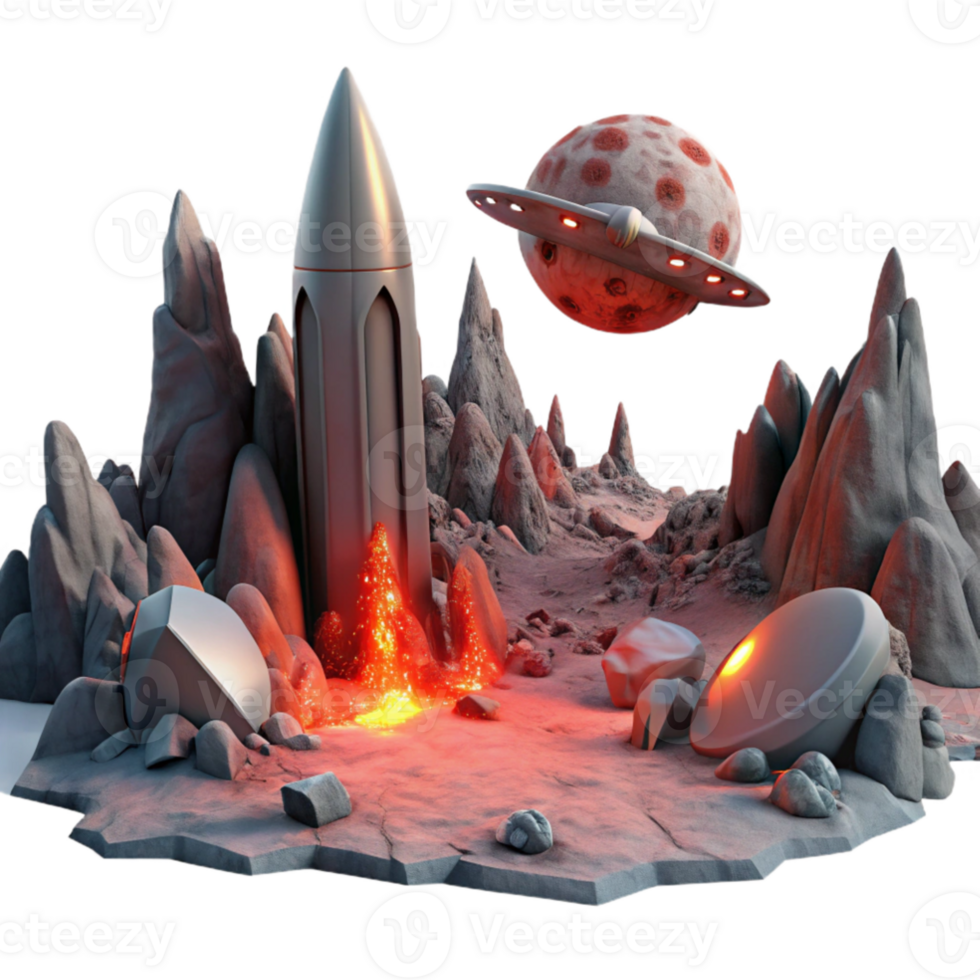 beautiful traditional stunning modern A desolate, alien landscape with jagged rock formations and a blood red sky. A crashed spaceship lies in the foreground, emitting smoke and sparks.... png
