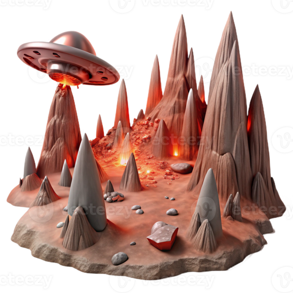 beautiful contemporary elegant contemporary A desolate, alien landscape with jagged rock formations and a blood red sky. A crashed spaceship lies in the foreground, emitting smoke and sparks.... png