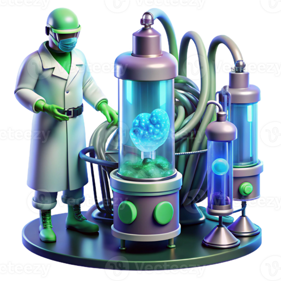 extraordinary vintage extraordinary classic A futuristic laboratory filled with glowing tubes, wires, and strange machinery. A scientist in a hazmat suit observes a pulsating, organic specimen.... png