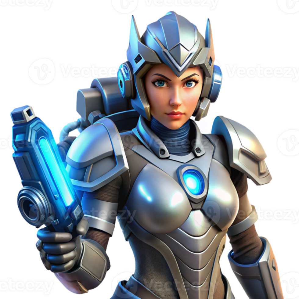 magnificent contemporary magnificent rustic A powerful, female cyborg warrior in ornate power armor, holding a plasma rifle.... png