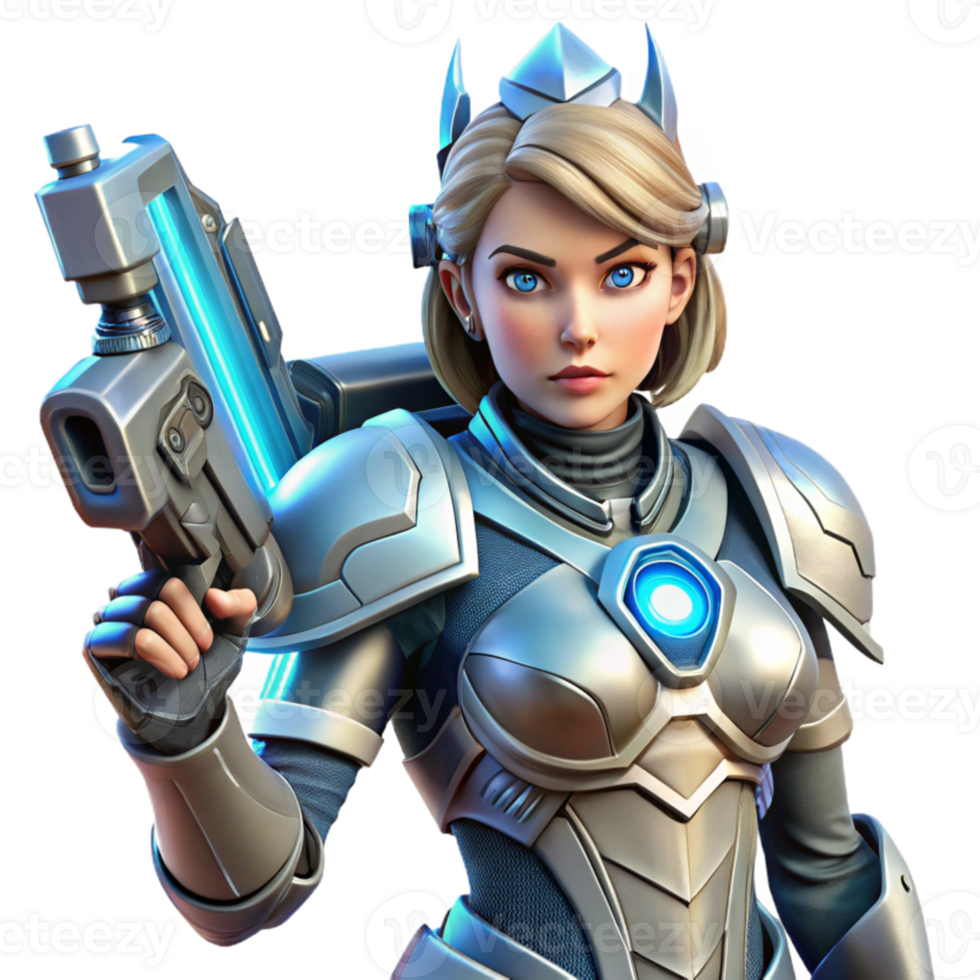 dramatic traditional dramatic modern A powerful, female cyborg warrior in ornate power armor, holding a plasma rifle. Her face is partially obscured by a helmet, revealing glowing blue eyes.... png