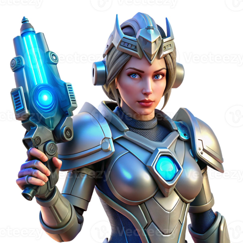 vibrant modern extraordinary rustic A powerful, female cyborg warrior in ornate power armor, holding a plasma rifle. Her face is partially obscured by a helmet, revealing glowing blue eyes.... png