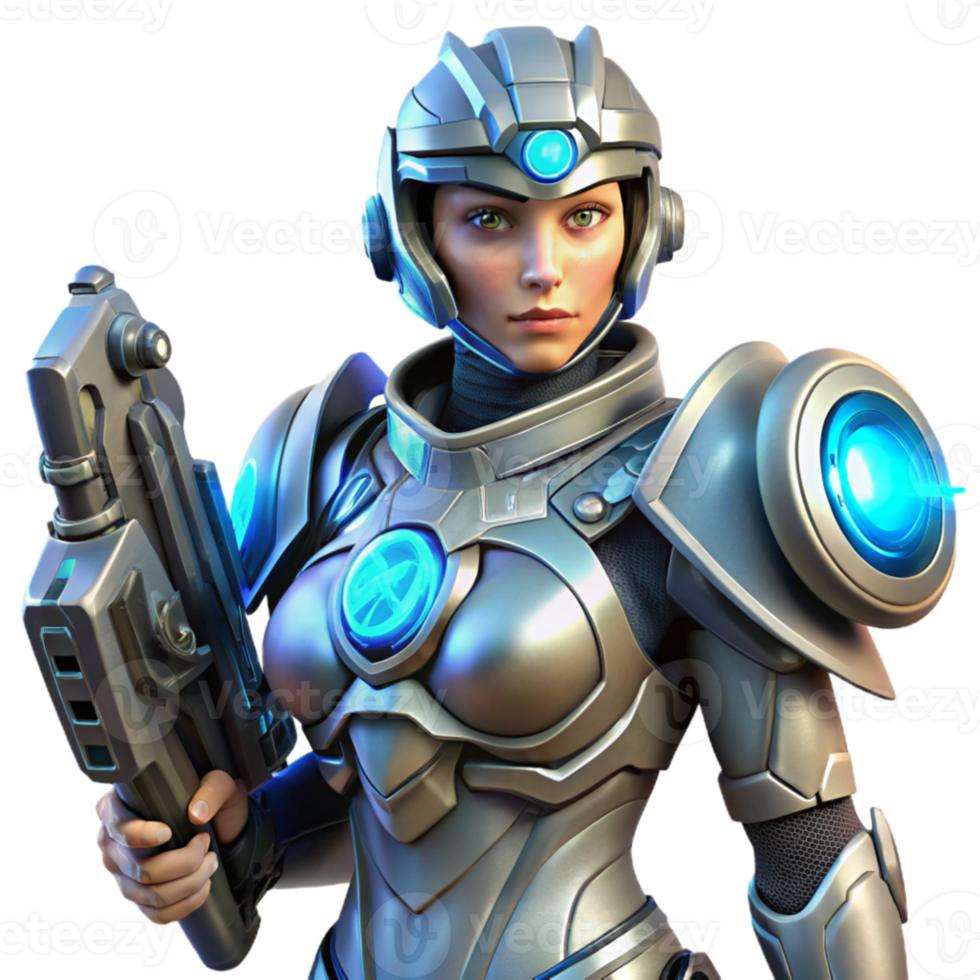 wonderful artistic dramatic vintage A powerful, female cyborg warrior in ornate power armor, holding a plasma rifle. Her face is partially obscured by a helmet, revealing glowing blue eyes.... png