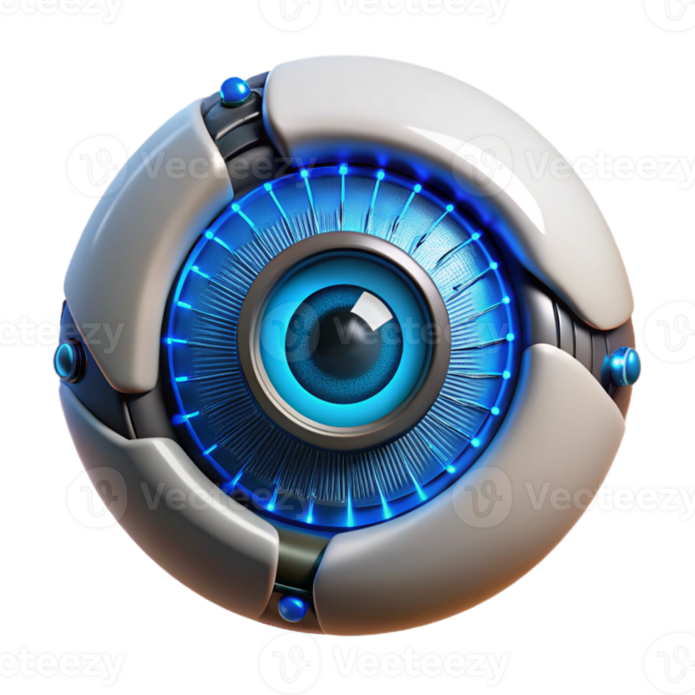 magnificent vintage serene modern A close-up of a cybernetic eye, its iris glowing with a bright, electric blue light. Intricate circuitry and wires are visible around the eye socket.... png