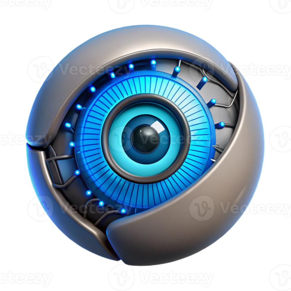 beautiful rustic impressive modern A close up of a cybernetic eye, its iris glowing with a bright, electric blue light. Intricate circuitry and wires are visible around the eye socket.... png