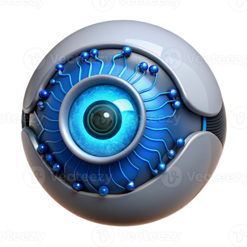 stunning rustic serene vintage A close up of a cybernetic eye, its iris glowing with a bright, electric blue light. Intricate circuitry and wires are visible around the eye socket.... png