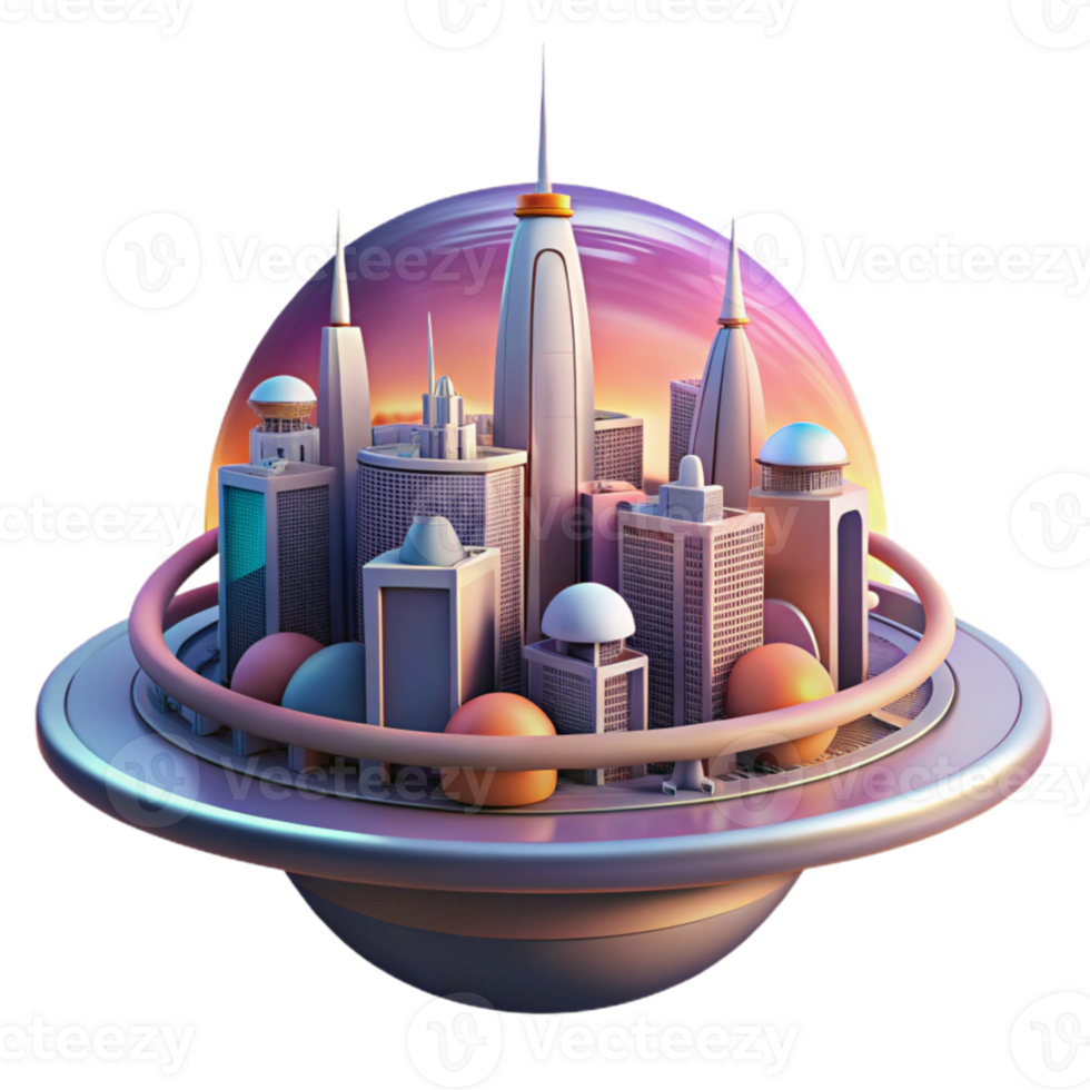 dramatic creative A futuristic metropolis built on the rings of Saturn, vibrant sunset hues, panoramic view, matte painting style premium png