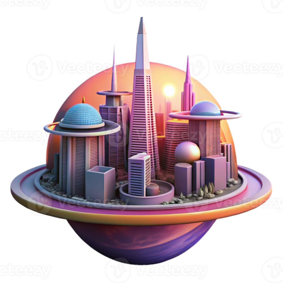 extraordinary abstract A futuristic metropolis built on the rings of Saturn, vibrant sunset hues, panoramic view, matte painting style genuine png