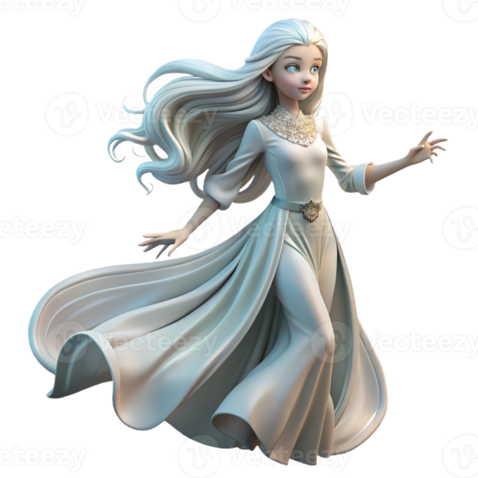 magnificent creative A female android with flowing white hair, dressed in a flowing, translucent gown, ethereal lighting, Art Nouveau style high resolution png