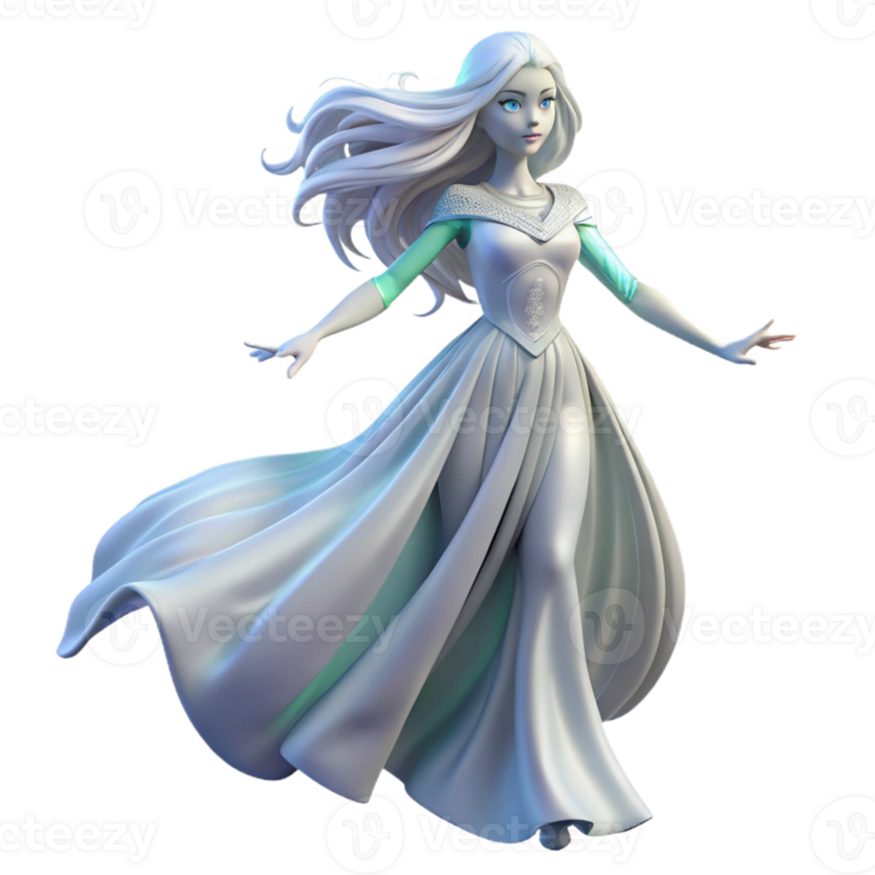 vibrant classic A female android with flowing white hair, dressed in a flowing, translucent gown, ethereal lighting, Art Nouveau style detailed png