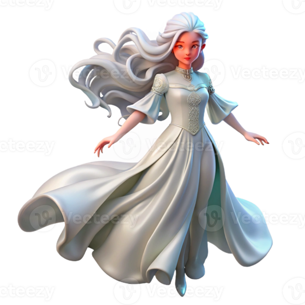 vibrant modern A female android with flowing white hair, dressed in a flowing, translucent gown, ethereal lighting, Art Nouveau style high resolution png