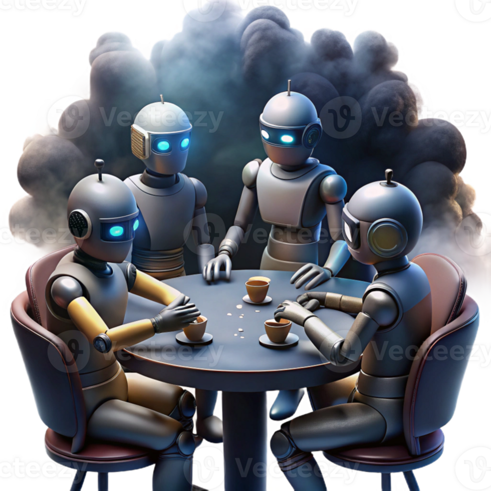 elegant abstract A group of robots playing poker in a smoky, dimly lit backroom, cyberpunk, gritty realism, chiaroscuro lighting detailed png