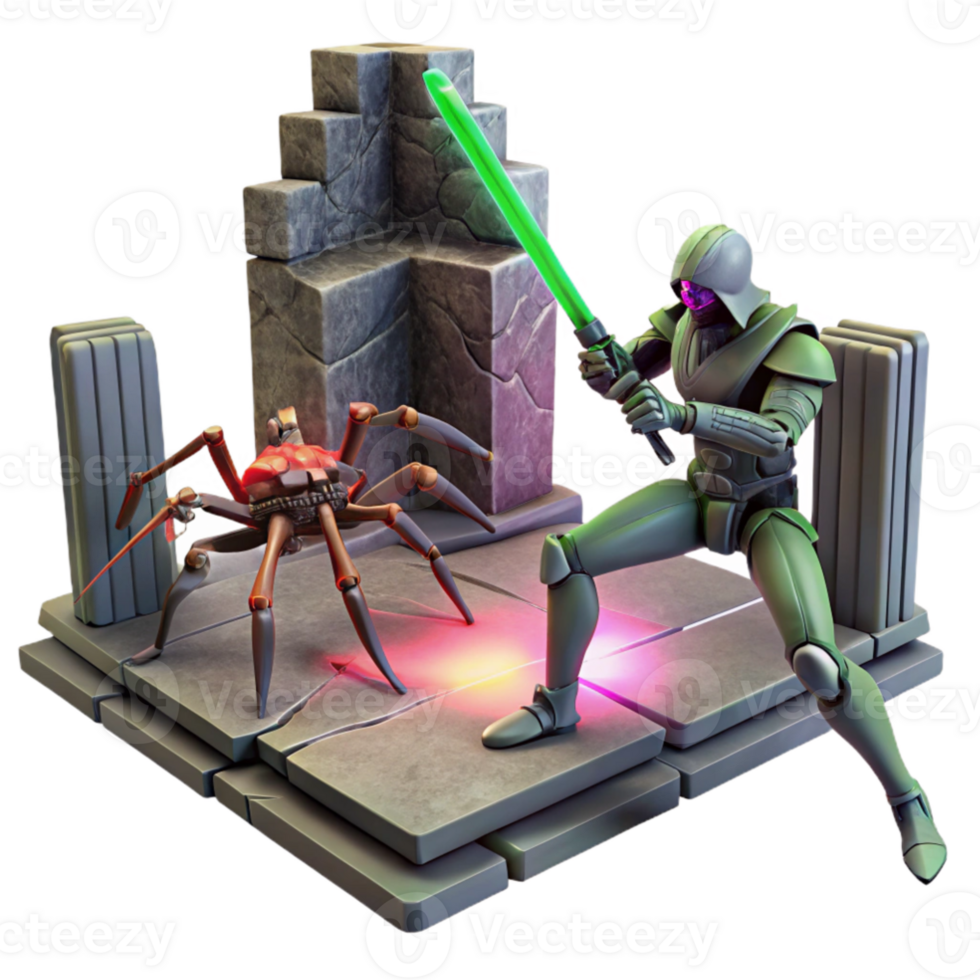 stunning minimalist A futuristic warrior with a laser sword, battling a giant robotic spider in a ruined temple, dynamic lighting, comic book style original png