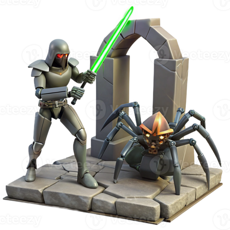 magnificent rustic A futuristic warrior with a laser sword, battling a giant robotic spider in a ruined temple, dynamic lighting, comic book style premium png