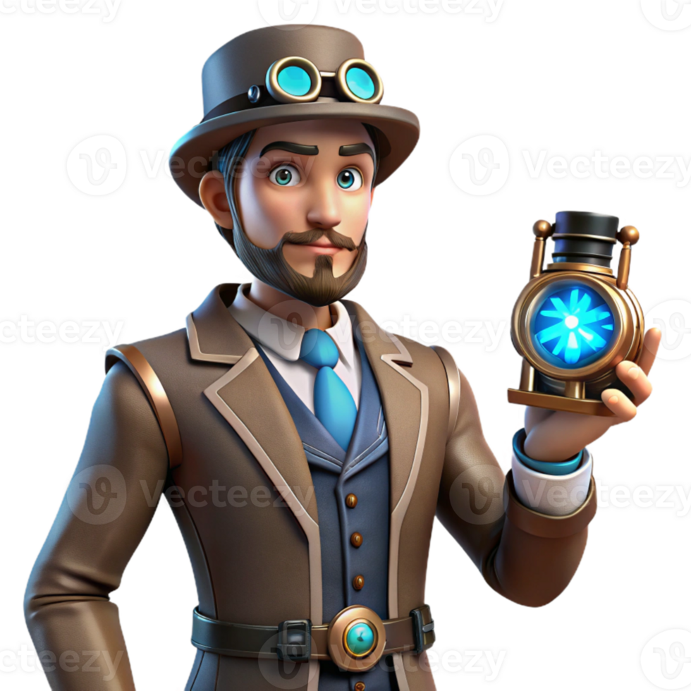 beautiful contemporary A time traveler in a Victorian era suit, holding a futuristic device, glowing blue light, steampunk style high quality png