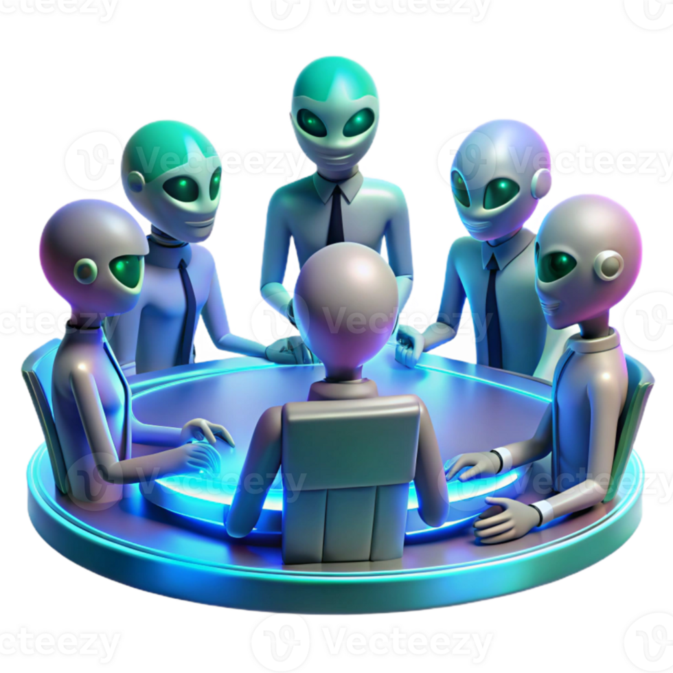 magnificent contemporary A group of alien diplomats gathered around a holographic table, discussing galactic politics, cool lighting, photorealistic style high quality png