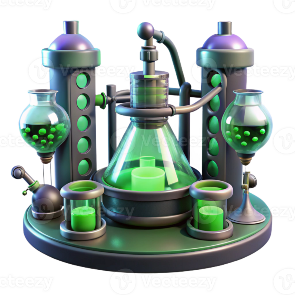 vibrant minimalist A futuristic laboratory filled with bubbling vials and strange machinery, eerie green light, biopunk style genuine png
