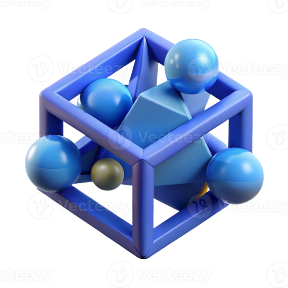 dramatic contemporary Chromatic aberration effect applied to a geometric composition of intersecting planes and spheres, lit by a soft, diffused blue light, in a minimalist style original png