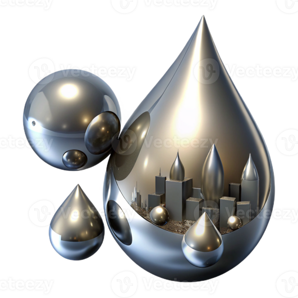 stunning rustic Liquid mercury droplets suspended in mid air, reflecting a distorted image of a fractured cityscape, lit by a cool, metallic light, in an abstract expressionist style genuine png