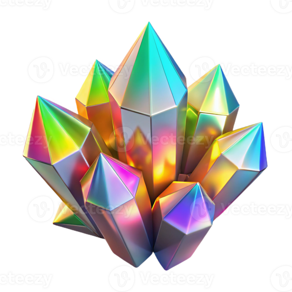 elegant creative A cluster of crystalline structures, refracting and diffracting a spectrum of rainbow colors, lit by a bright, celestial light, in a crystalline art style high quality png